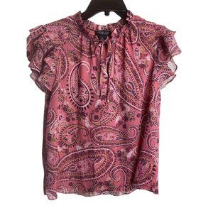 Rachel Zoe Women's Blouse Top Tie Knot Front Cap Sleeves Paisley Print Pink SZ S